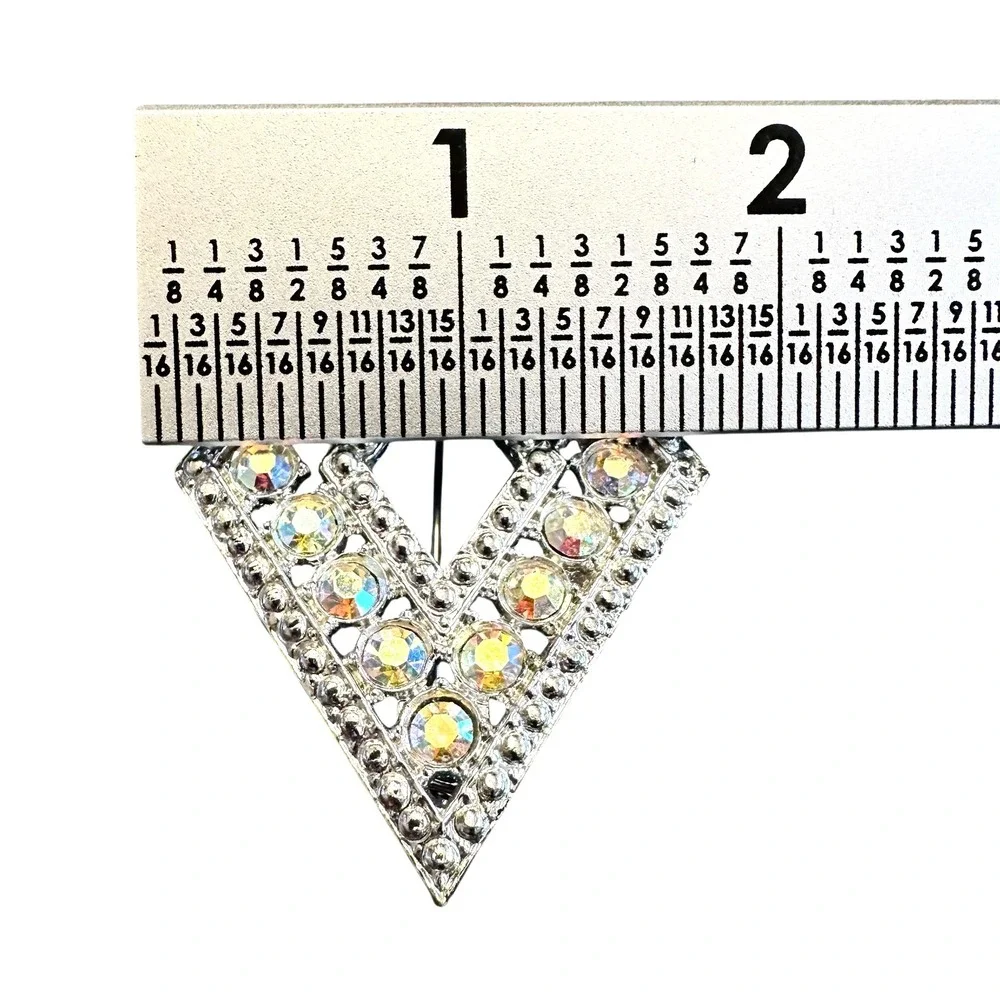 VTG Aurora Borealis Silvertone Brooch Diamond Shape‎ AB Rhinestone Pin 1950s MCM